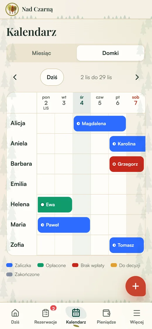 Aplikacja właściciela: kalendarz domków