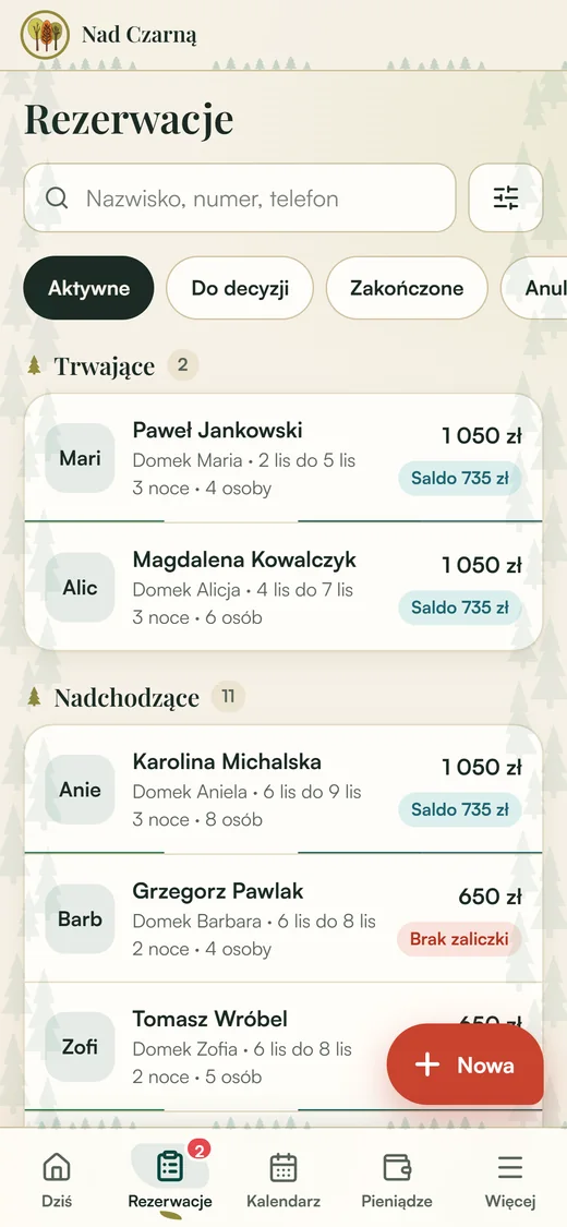 Aplikacja właściciela: lista rezerwacji