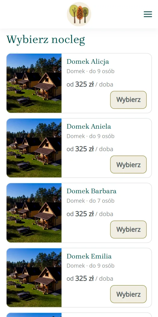 Wybór domku na telefonie, kafelki ze zdjęciem, opisem i ceną od