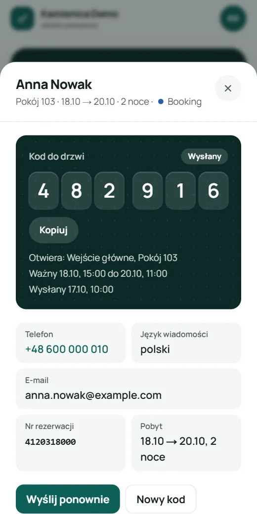 PinRoom na telefonie: karta pobytu gościa z sześciocyfrowym kodem do drzwi, obiekt pokazowy