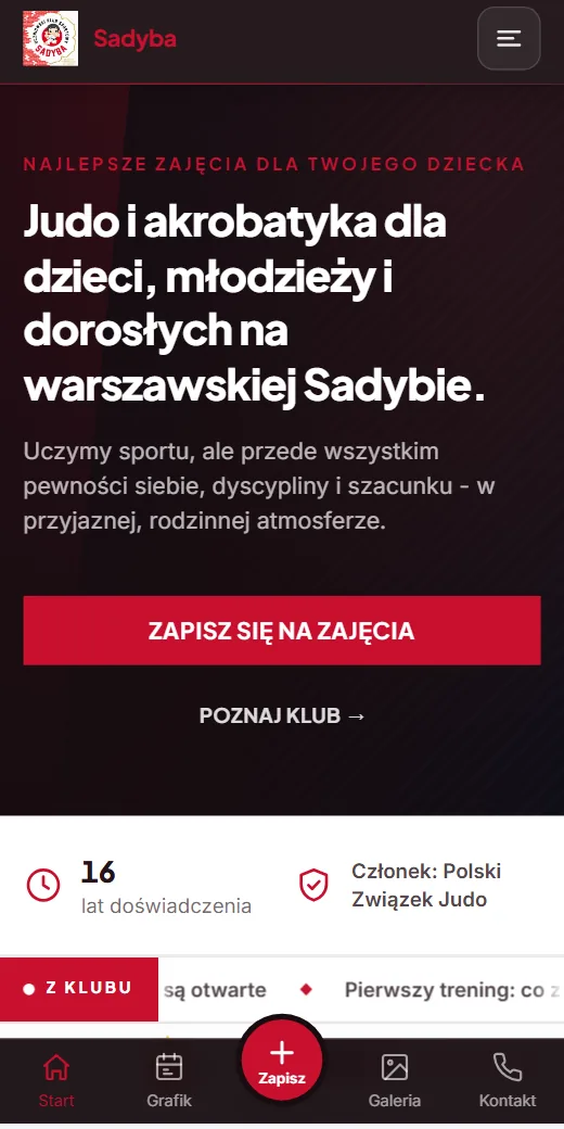 Strona klubu UKS Sadyba na telefonie